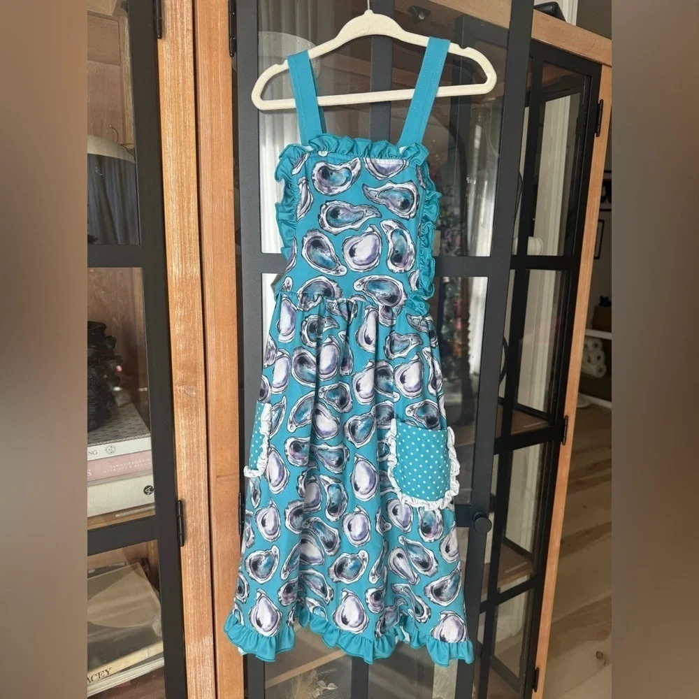 Oysters watercolor print dress girls louisiana gulf coastal beach ruffle bow